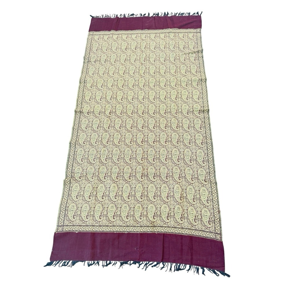 Vintage Sanskriti Woolen Paisley Shawl Woven Work Long Stole Soft Scarf Veil